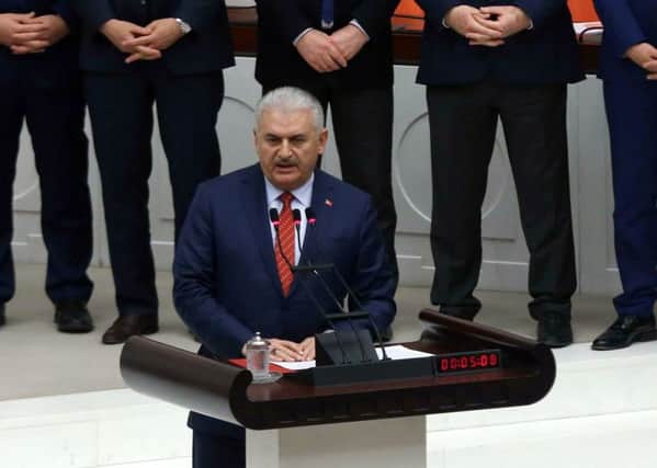 Turkeys prime minister Binali Yildirim speaks in parliament in Ankara. Picture: Getty Images