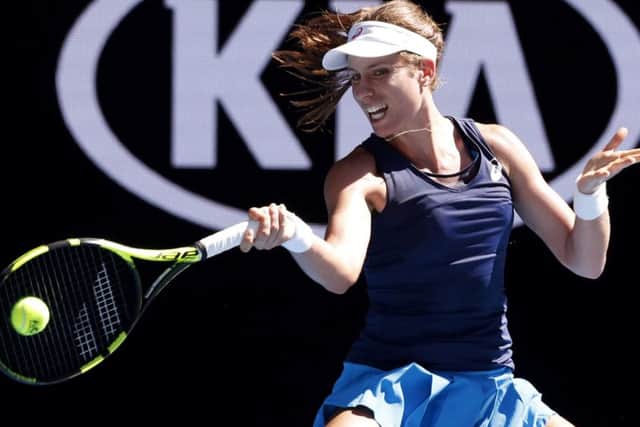 Johanna Konta makes a forehand return on her way to victory over Caroline Wozniacki. Picture: Kin Cheung