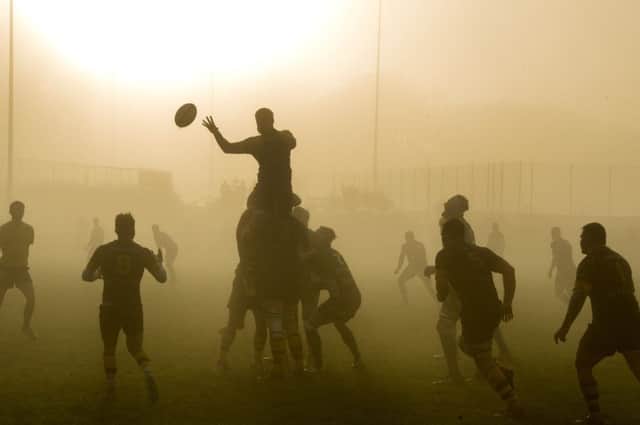 Fog shrouds the pitch at Malleny Park,  Balerno during the BT Premiership game between  Currie and  Hawick. Picture Ian Rutherford