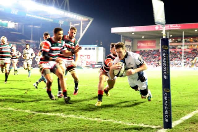 Glasgow Warriors' Mark Bennett scores his side's third try during the thumping 43-0 in the European Champions Cup at Welford Road. Picture: David Davies/PA Wire