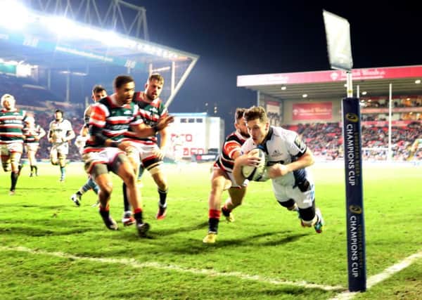 Glasgow Warriors' Mark Bennett scores his side's third try during the thumping 43-0 in the European Champions Cup at Welford Road. Picture: David Davies/PA Wire