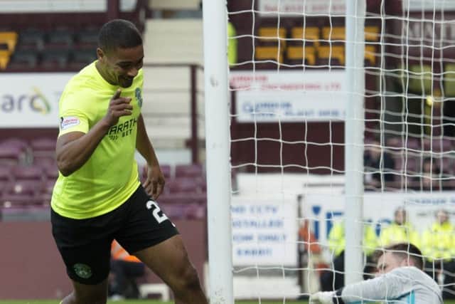 Winger Chris Humphrey turns away after scoring Hibs third goal in the first 25 minutes of the match against Bonnyrigg Rose on Saturday. Picture: SNS
