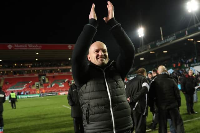 Glasgow Warriors head coach Gregor Townsend celebrates his side's stunning victory over Leicester. Picture: PA