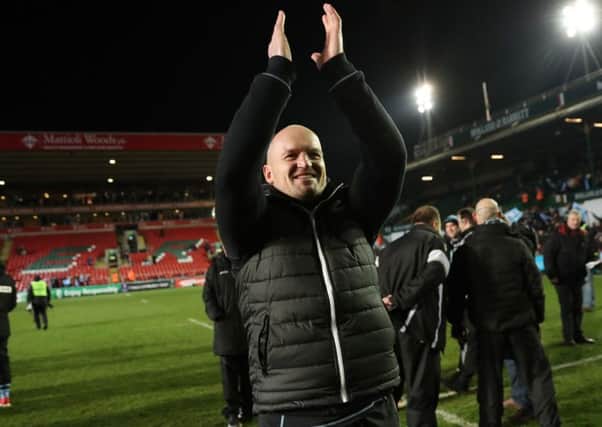 Glasgow Warriors head coach Gregor Townsend celebrates his side's stunning victory over Leicester. Picture: PA