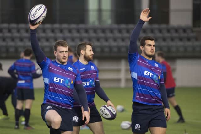 Scotland full-back Stuart Hogg, left, and hooker Stuart McInally during training at the Orian Centre yesterday. Picture: SNS
