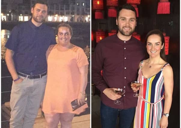 Slimming World's 'Miss Slinky' Jennifer Ginley with her fiancé Luke Hagan before when she weighed 19 stone and after when she lost 9 stone 9lbs. Picture: SWNS