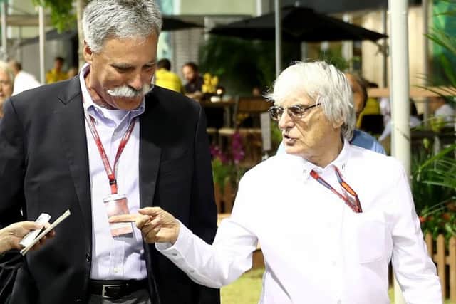 Chase Carey, left, and Bernie Ecclestone in the paddock during the Singapore Grand Prix weekend in September. Picture: Lars Baron/Getty Images