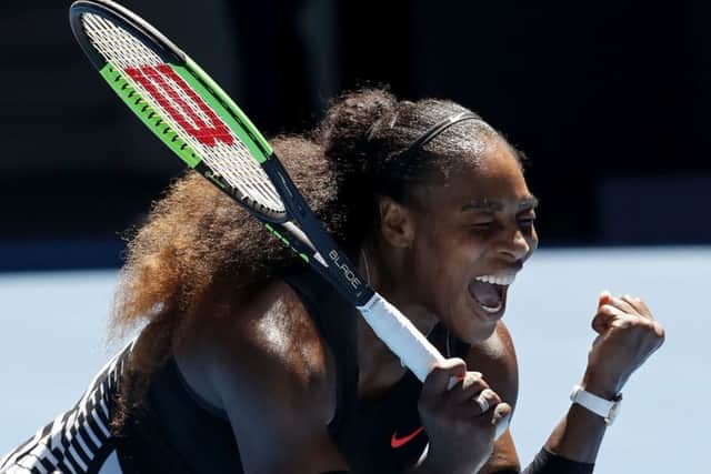 Serena Williams celebrates her win over Johanna Konta. Picture: Dita Alangkara/AP