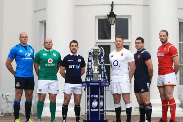 From left to right: Six Nations captains Sergio Parisse (Italy), Rory Best (Ireland), Greig Laidlaw (Scotland), Dylan Hartley (England), Guilhem Guirado (France) and Alun Wyn Jones (Wales) pose next to the trophy at The Hurlingham Club, London. Picture: John Walton/PA Wire.