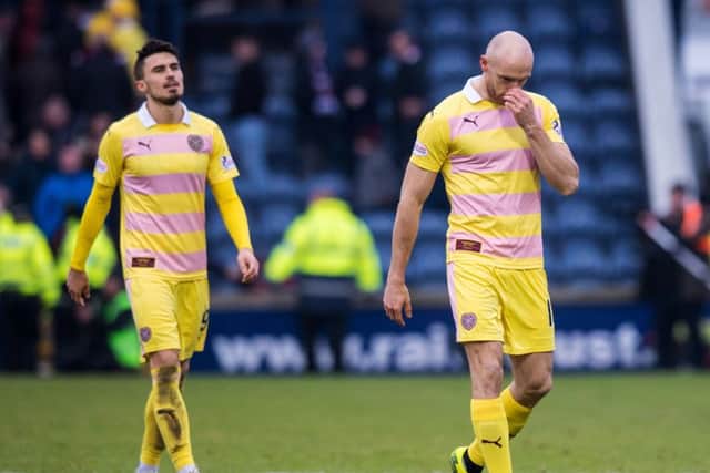Conor Sammon (right) and Krystian Nowak after Hearts drew at Raith Rovers on Sunday. Picture: SNS