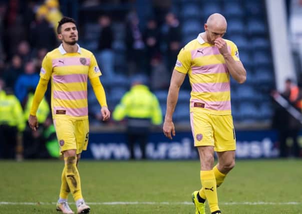 Conor Sammon (right) and Krystian Nowak after Hearts drew at Raith Rovers on Sunday. Picture: SNS