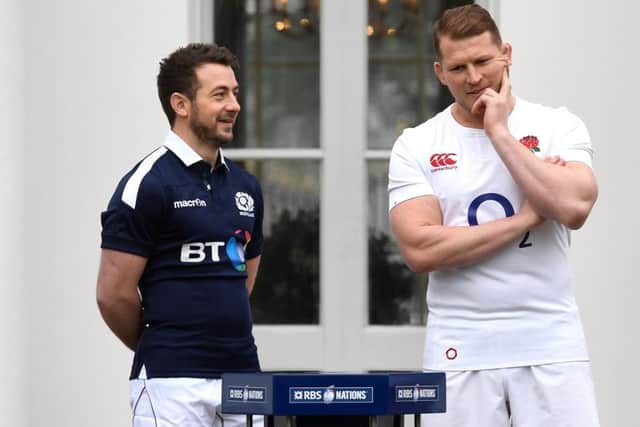 Greig Laidlaw, captain of Scotland, with England couterpart Dylan Hartley. Picture: Stu Forster/Getty Images