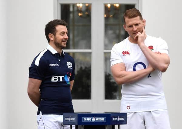 Greig Laidlaw, captain of Scotland, with England couterpart Dylan Hartley. Picture: Stu Forster/Getty Images