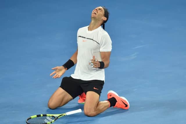 Rafael Nadal celebrates his victory against Grigor Dimitrov in the men's singles semi-final at the Australian Open. Picture: Peter Parks /AFP/Getty Images