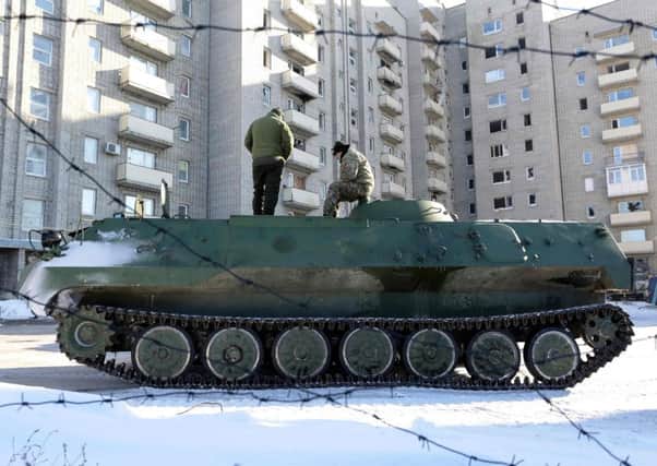 A Ukranian armoured personnel carrier outside a hospital after ferrying wounded service men from the front line. Picture: AFP/Getty Images