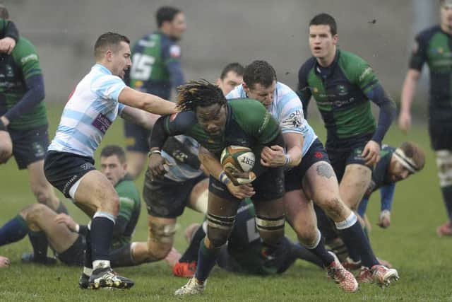 Aubrey McCube of Boroughmuir is tackled by Accies pair Alex Glashan and Clement Lacour. Picture: Neil Hanna