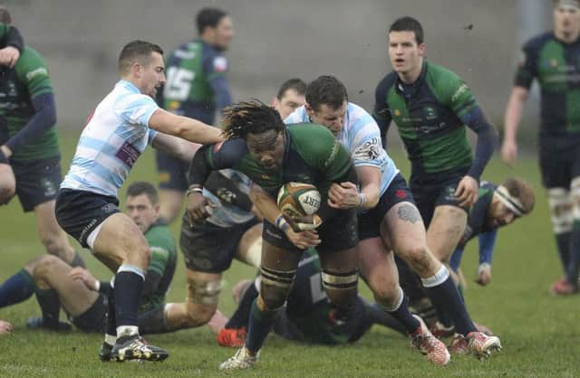Aubrey McCube of Boroughmuir is tackled by Accies pair Alex Glashan and Clement Lacour.  Picture: Neil Hanna