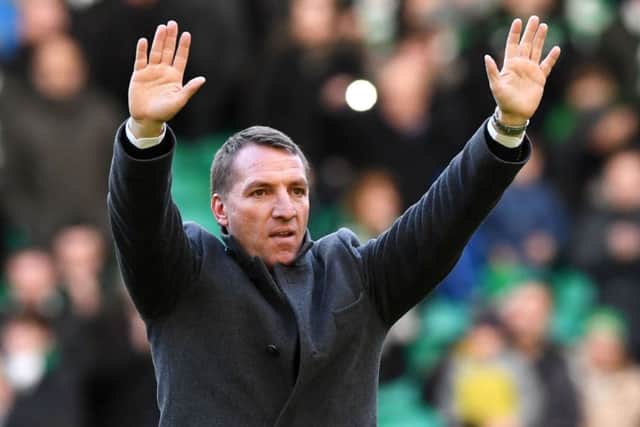 Celtic manager Brendan Rodgers applauds the supporters at full time after his side defeated Hearts. Picture: Alan Harvey/SNS