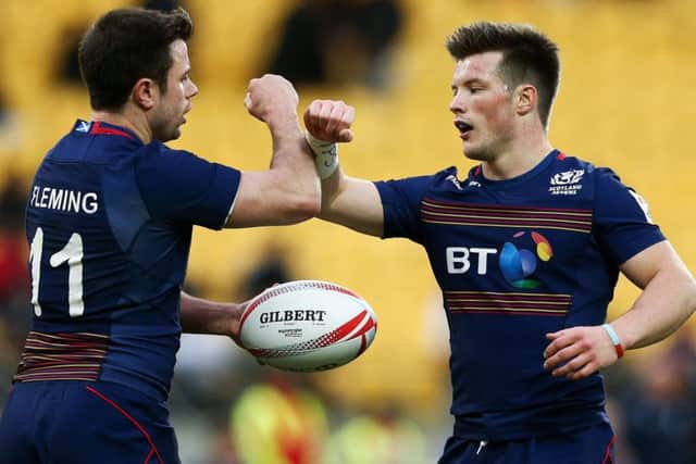 James Fleming and George Horne celebrate their win at the Westpac Stadium in Wellington. Picture: Getty.