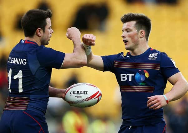 James Fleming and George Horne celebrate their win at the Westpac Stadium in Wellington. Picture: Getty.