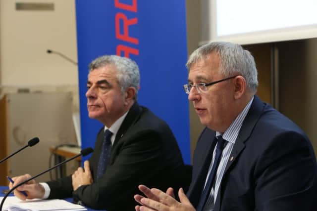 Mauro Moretti, left, chief executive and general manager of Leonardo, with Norman Bone, chairman and managing director of Leonardo MW, the newly rebranded UK arm of the company. Picture: Contributed