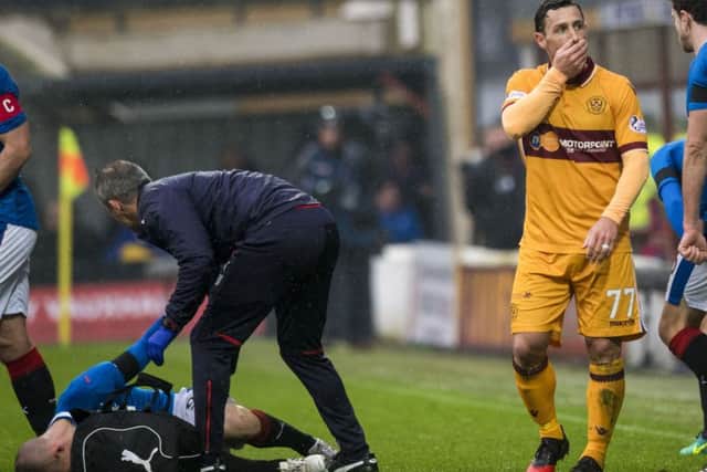 Motherwell's Scott McDonald (right) can't believe he's been shown a red card for a foul on Rangers striker Kenny Miller. Picture: SNS