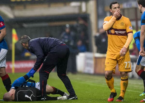 Motherwell's Scott McDonald (right) can't believe he's been shown a red card for a foul on Rangers striker Kenny Miller. Picture: SNS