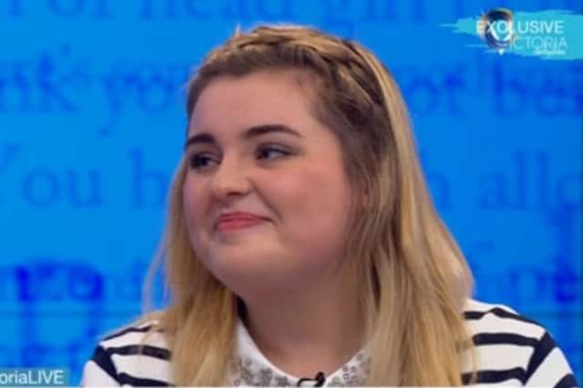 Chelsea Cameron on the Victoria Derbyshire Show where she read out an open letter to her "drug-taking" parents. Picture: BBC Two/PA Wire