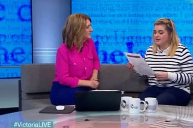 Chelsea Cameron on the Victoria Derbyshire Show where she read out an open letter to her "drug-taking" parents. Picture: PA