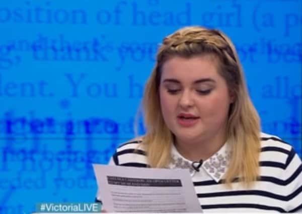 Chelsea Cameron reads the letter out on TV. Picture: PA