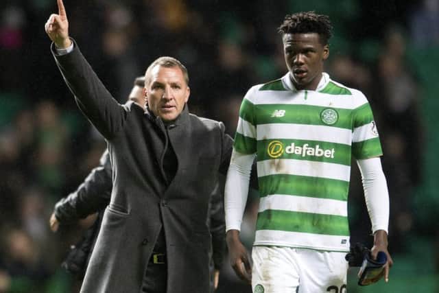 Celtic manager Brendan Rodgers (left) with goalscorer Dedryck Boyata at full-time. Picture: SNS