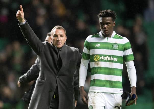 Celtic manager Brendan Rodgers (left) with goalscorer Dedryck Boyata at full-time. Picture: SNS