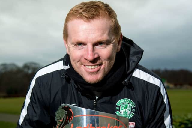 Neil Lennon with his Ladbrokes Championship Manager of the Month award for January. Picture: SNS Group