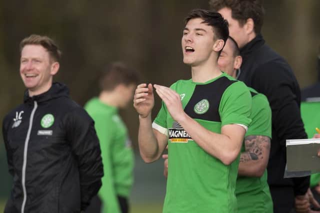 Celtic defender Kieran Tierney gives some vocal support to his team-mates in training at Lennoxtown. Picture: SNS Group