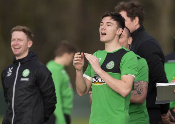 Celtic defender Kieran Tierney gives some vocal support to his team-mates in training at Lennoxtown. Picture: SNS Group