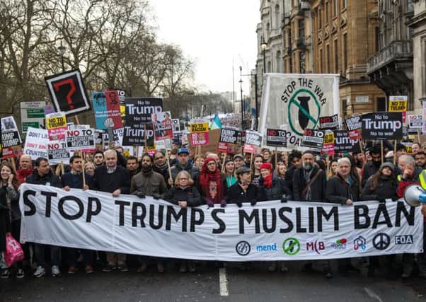Thousands of protesters with banners and placards march through central London during a demonstration against U.S. President Donald Trump. Picture; Getty