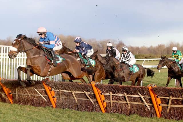Diego Du Charmil, ridden by Harry Cobden, wins the Scottish County Hurdle. Photograph: Grossick Racing