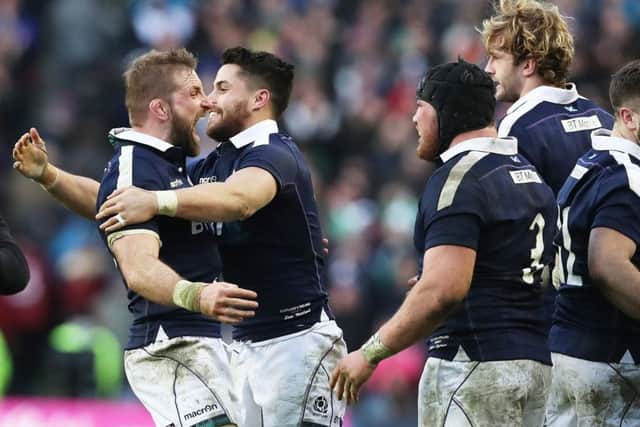 You beauty: John Barclay celebrates with Sean Maitland as Zander Fagerson and Richie Gray look on. Photograph: Getty Images. Picture: Ian MacNicol/Getty Images