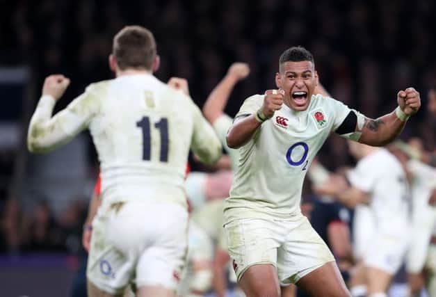 England's Nathan Hughes celebrates victory over France. Picture: David Davies/PA Wire.