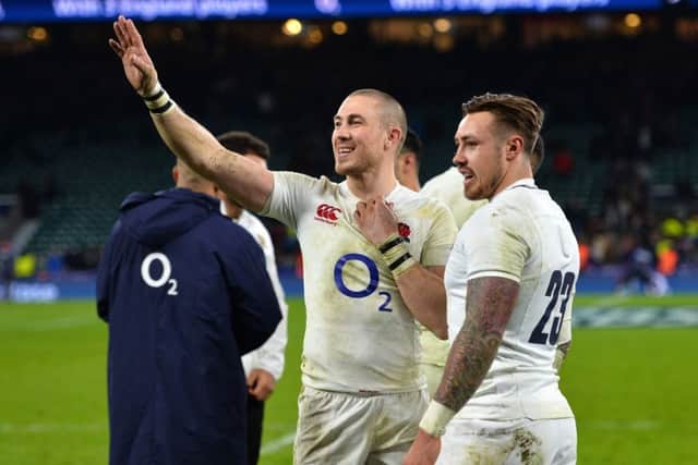 Mike Brown and Jack Nowell celebrate England's victory. Picture: Getty.