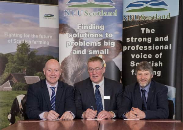 Andrew McCornick is flanked by new NFU Scotland vice-presidents Gary Mitchell, left, and Martin Kennedy. Picture: Paul Watt
