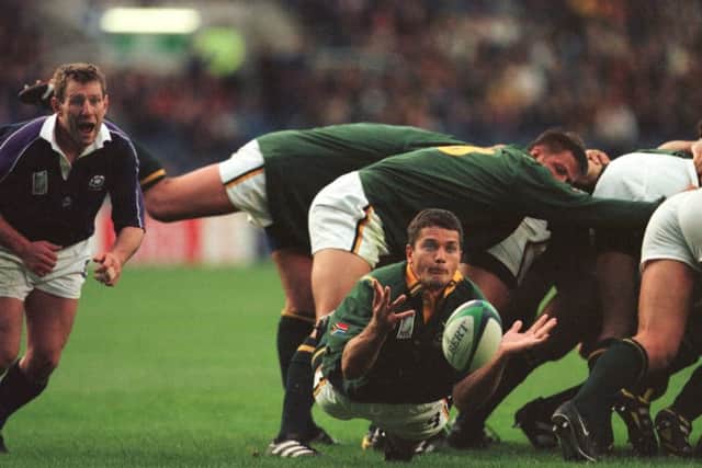 Joost Van der Westhuizen displays his skills for South Africa against Scotland in 1999. Picture: Neil Hanna.