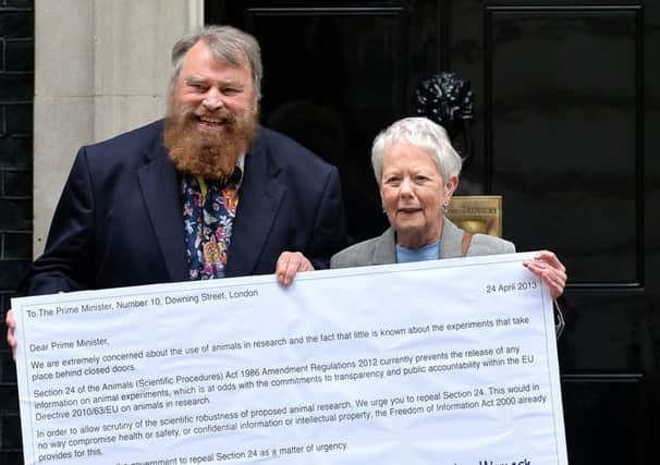 British actors Brian Blessed and Annette Crosbie deliver a representation to Downing Street, signed by celebrities in support of greater transparency on animal research. Picture: Getty Images