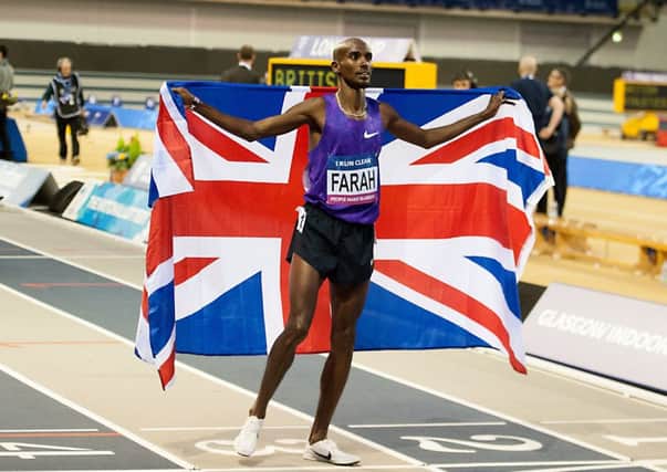 Sir mo Farah flies the flag for British Athletics at a Glasgow indoor meeting last year. Picture: John Devlin