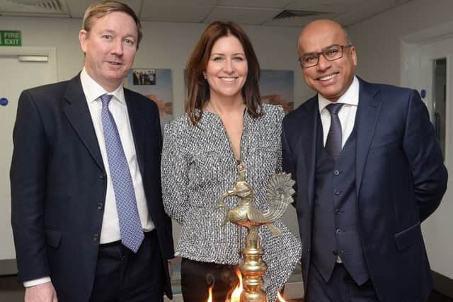 Sanjeev Gupta, right, with his wife Nicola, who will chair the GFG Foundation, and chief operating officer Tim Smith. Picture: Contributed