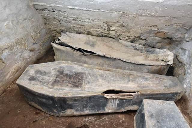 The coffin, believed to be that of Lord Lovat, in the crypt at Wardlaw Mausoleum near Inverness. PIC Contributed.