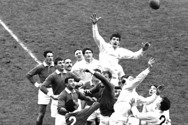 Peter Stagg leaps highest for the ball at a lineout against France at Murrayfield in 1966. Picture: Hamish Campbell