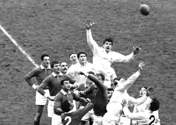 Peter Stagg leaps highest for the ball at a lineout against France at Murrayfield in 1966. Picture: Hamish Campbell