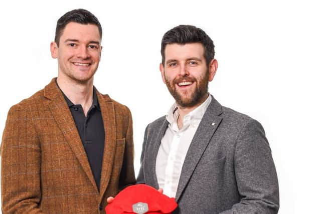 David Kellock and Michael Corrigan with their Trtle travel pillow which is set to feature in the gift lounge at the Grammys tonight.
