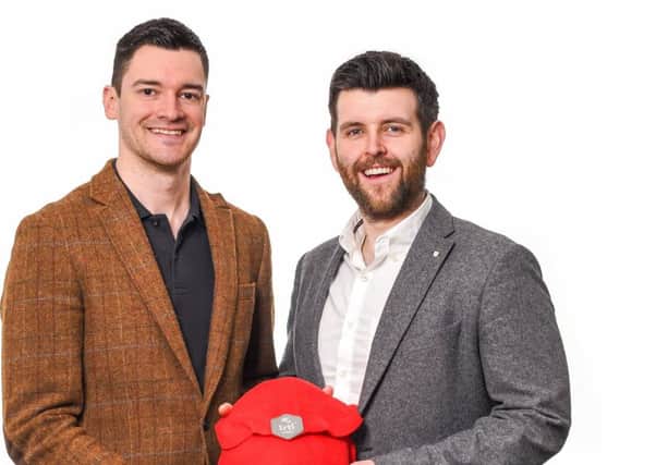 David Kellock and Michael Corrigan with their Trtle travel pillow which is set to feature in the gift lounge at the Grammys tonight.